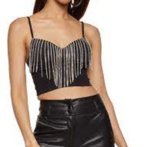 NEW NWOT Rhinestone Fringe Crop Top. Black. Size Large.